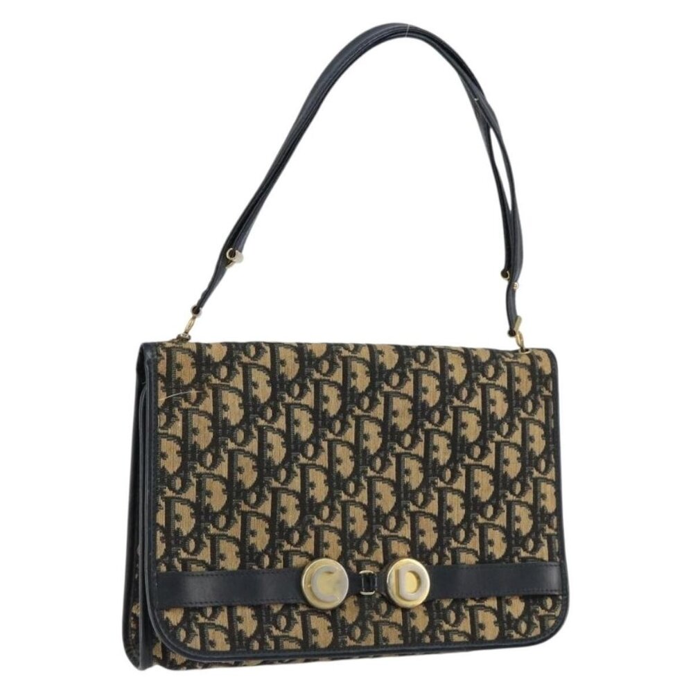 Authentic Christian Dior Trotter Canvas Shoulder Bag Navy Gold